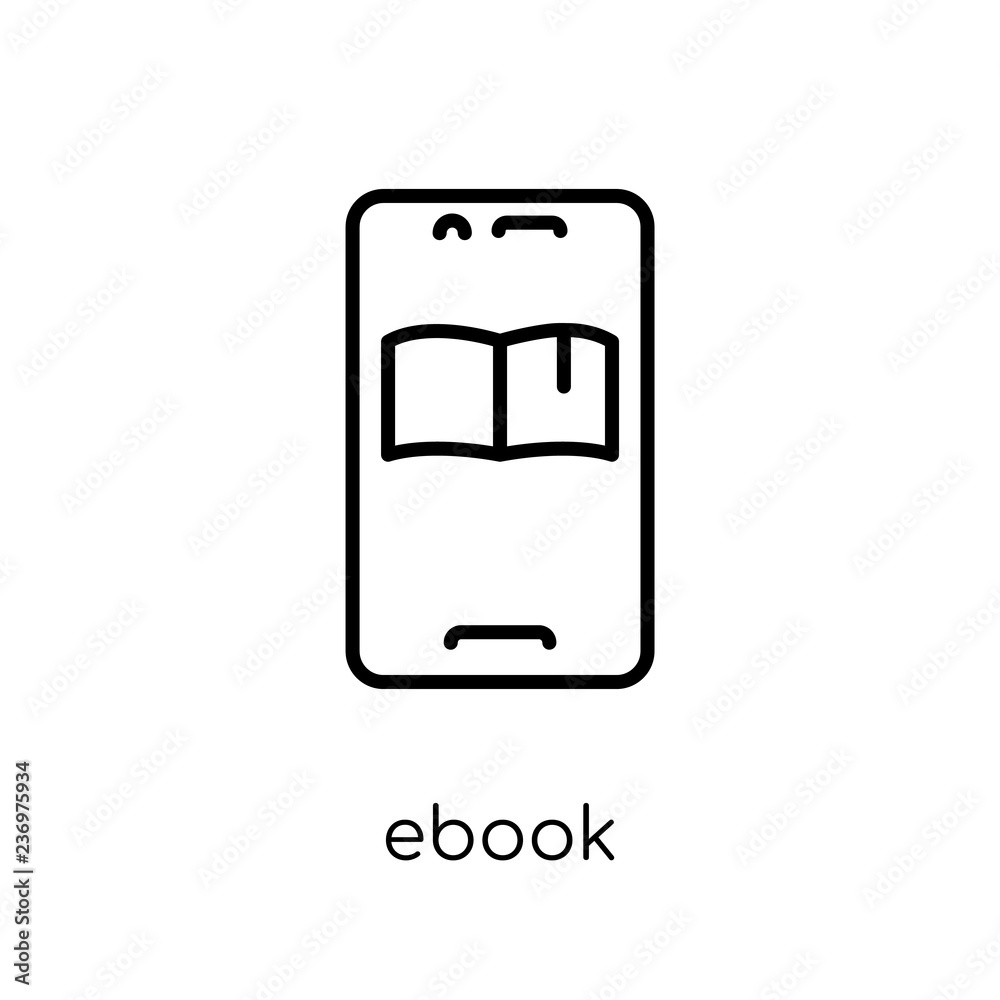 Ebook icon. Trendy modern flat linear vector Ebook icon on white background from thin line E-learning and education collection Ebook icon. Trendy modern flat linear vector Ebook icon on white background from thin line E-learning and education collection