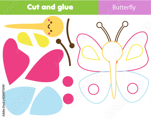 Children educational game. Cut and glue. Make a butterfly with scissors. Animals theme worksheet for pre school kids and toddlers