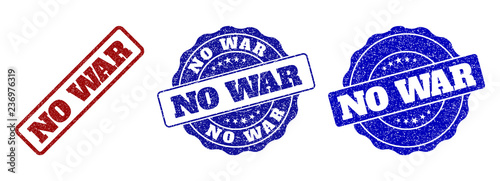 NO WAR scratched stamp seals in red and blue colors. Vector NO WAR watermarks with grunge style. Graphic elements are rounded rectangles, rosettes, circles and text labels.