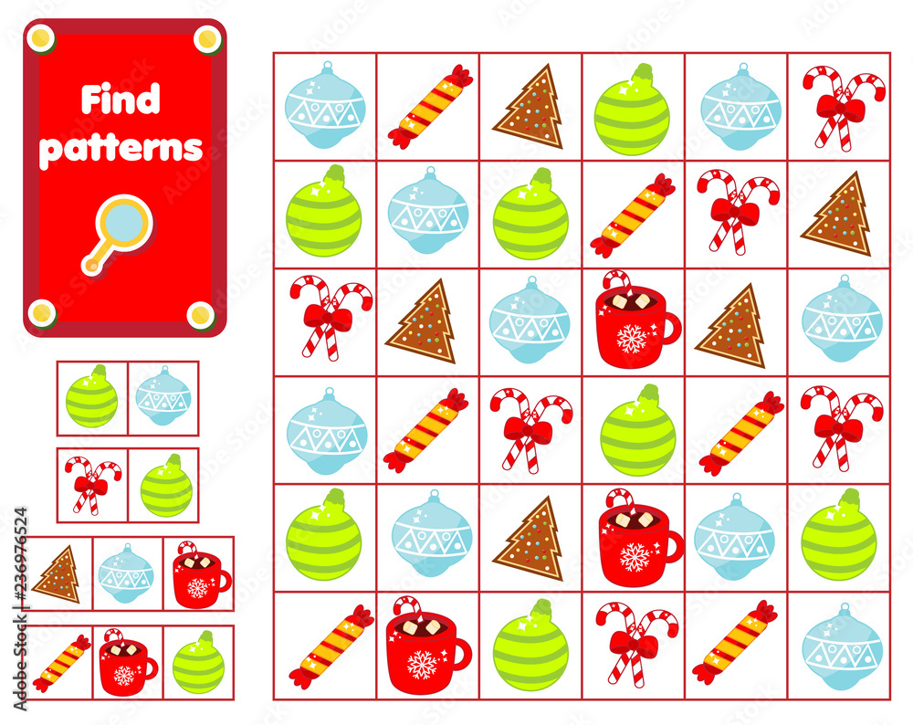 Children educational game. Find and show patterns. New year and ...