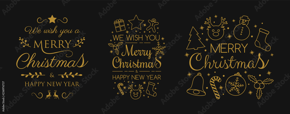 Christmas greeting cards with decorations and wishes - collection. Vector.