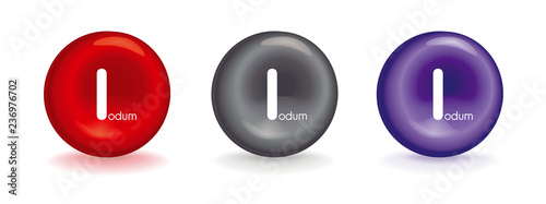 3d icon of I iodine - red erythrocyte symbol or violet or gray metallic mineral with I iodum - vectors