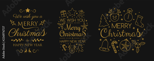 Christmas greeting cards with decorations and wishes - collection. Vector.