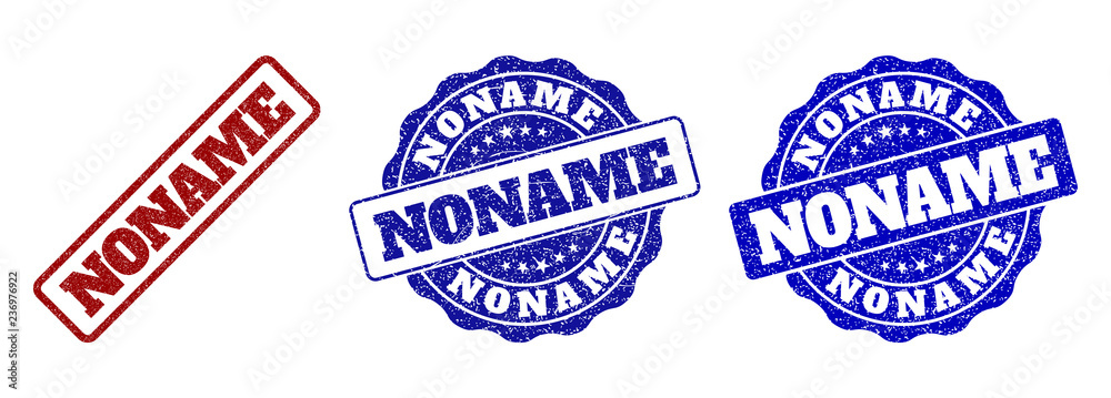 NONAME grunge stamp seals in red and blue colors. Vector NONAME labels with grainy texture. Graphic elements are rounded rectangles, rosettes, circles and text labels.