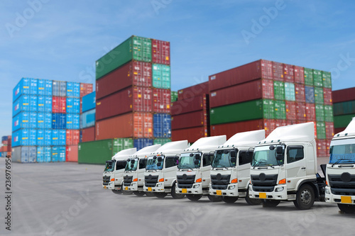 New truck fleet in the container depot as for logistics, transportation, industry concept.