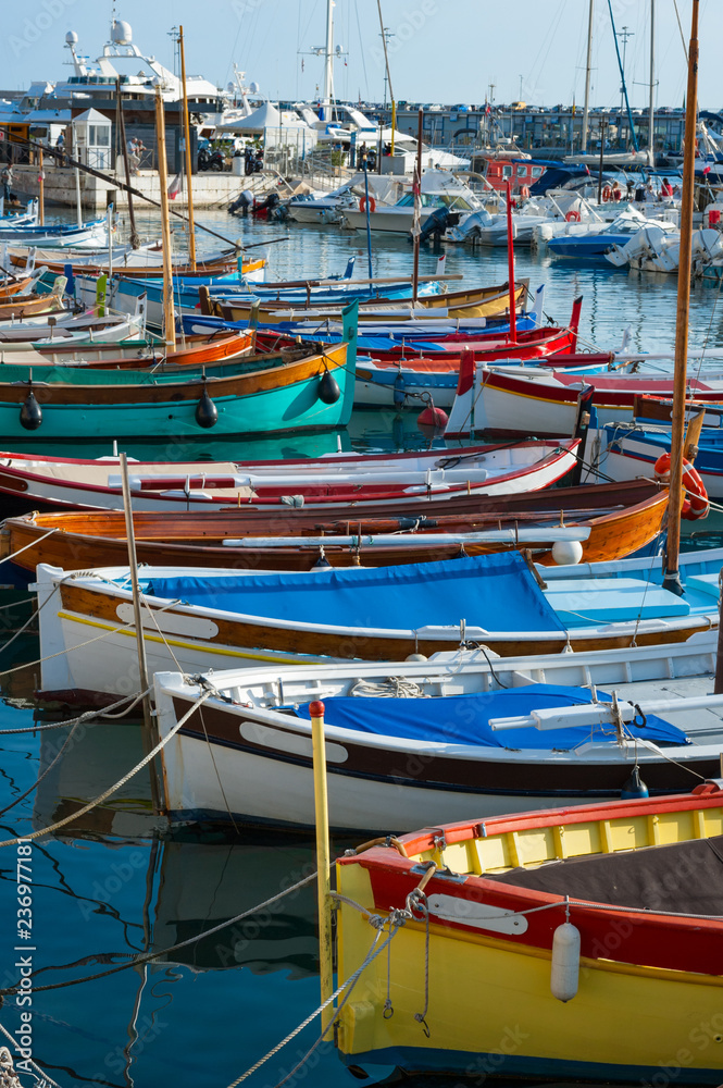 Close up on colourful fishing boats in the port of Nice in southeastern France.