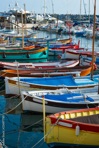 Close up on colourful fishing boats in the port of Nice in southeastern France. © Gabriel Cassan