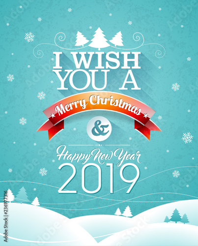 Merry Christmas illustration with typography and ornament decoration on winter landscape background. Vector Holiday Design for Greeting Card, Party Invitation or Promo Banner.