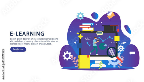 E-learning concept with computer, book and tiny people character in study process. E-book or online education. template for web landing page, banner, presentation, social media and print material.