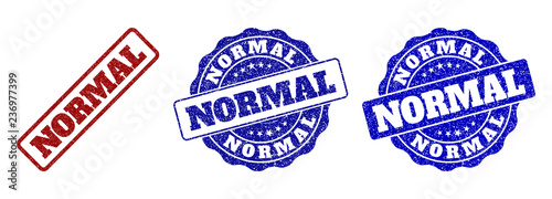 NORMAL grunge stamp seals in red and blue colors. Vector NORMAL marks with grunge texture. Graphic elements are rounded rectangles, rosettes, circles and text tags.
