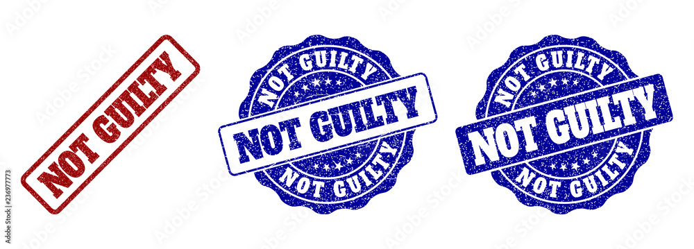 NOT GUILTY grunge stamp seals in red and blue colors. Vector NOT GUILTY labels with grunge effect. Graphic elements are rounded rectangles, rosettes, circles and text tags.