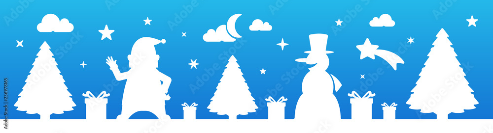 Bannière de Noël - Père Noël, sapin et bonhomme de neige