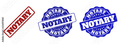 NOTARY scratched stamp seals in red and blue colors. Vector NOTARY labels with scratced style. Graphic elements are rounded rectangles, rosettes, circles and text labels.