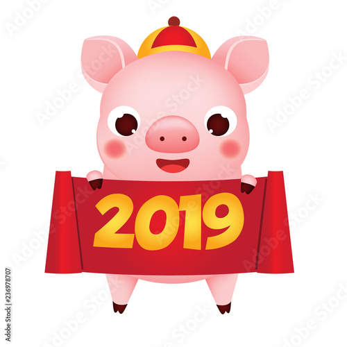 Chinese new year. Cartoon pig hold 2019 scroll. Vector illustration