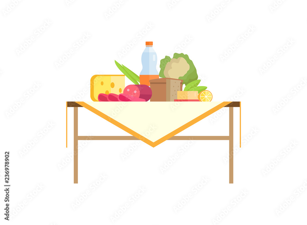 Fototapeta premium Tasty Food and Bottle of Drink on Table Isolated