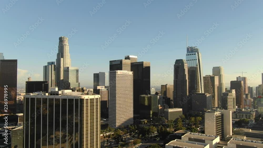 Los Angeles Downtown Financial District Aerial Telephoto Shot Sunset Los Angeles Downtown Financial District Aerial Telephoto Shot Sunset