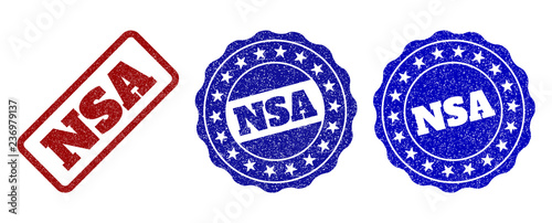 NSA grunge stamp seals in red and blue colors. Vector NSA imprints with grainy texture. Graphic elements are rounded rectangles, rosettes, circles and text tags. Designed for rubber stamp imitations.