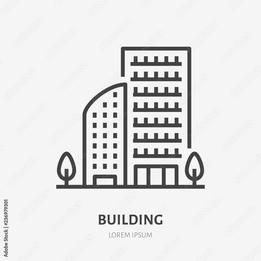 Apartment building flat line icon. Vector thin sign of multi-storey ...