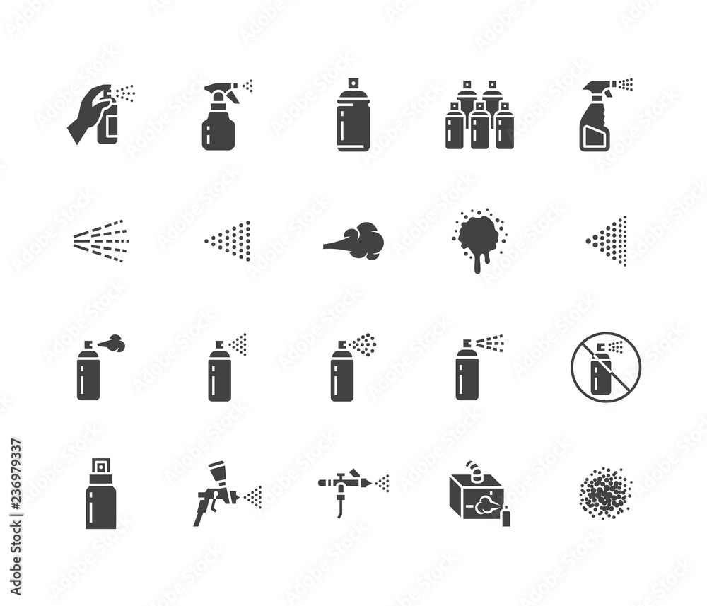 Spray can flat glyph icons set. Hand with aerosol, airbrush, powder coating, graffiti art, cough effect vector illustrations. Signs for disinfection, cleaning. Solid silhouette pixel perfect 64x64
