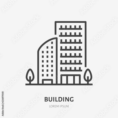 Apartment building flat line icon. Vector thin sign of multi-storey house, condo or office rent logo. Real estate illustration