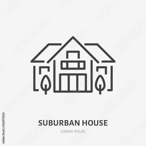 Country house flat line icon. Vector thin sign of summer cottage with trees, suburban property logo. Real estate rent illustration