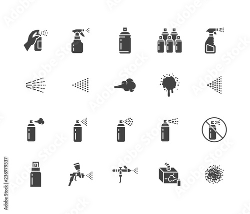 Spray can flat glyph icons set. Hand with aerosol, airbrush, powder coating, graffiti art, cough effect vector illustrations. Signs for disinfection, cleaning. Solid silhouette pixel perfect 64x64 photo