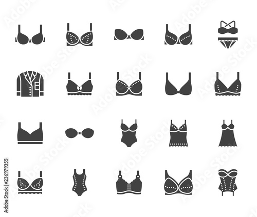 Lingerie flat glyph icons set. Bras types, woman underwear, maternity bra, chemise, pyjamas, swimwear, corset vector illustrations. Signs for clothes store. Solid silhouette pixel perfect 64x64