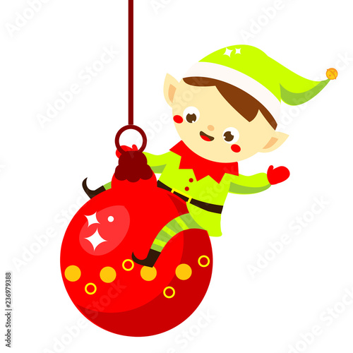 Christmas elf. Cute Santa's helper sitting on bauble. Cartoon character for new Year greeting design