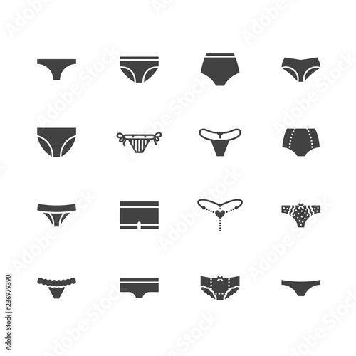 Lingerie flat glyph icons set. Panties types, woman underwear, bikini, string, hipsters underpants, swimwear bottom vector illustrations. Clothes store signs. Solid silhouette pixel perfect 64x64