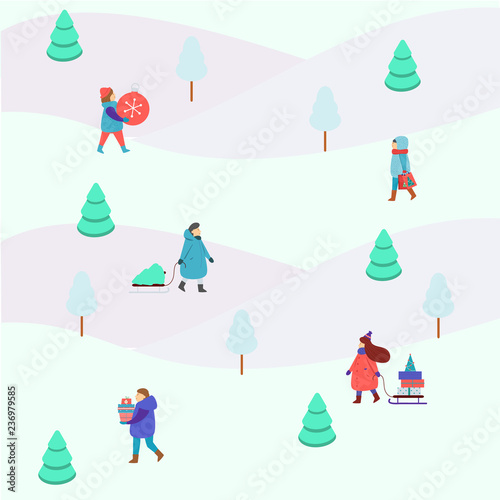 Winter people small figures. Men and women carry Christmas and New Year gifts, enjoy park walking