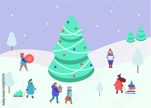 Winter people small figures around big spruce tree. Men and women carry Christmas and New Year gifts. Lifestyle winter scene