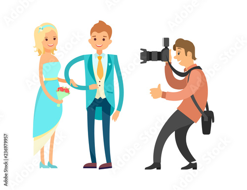 Groom in Blue Suit and Bride Wearing Wedding Dress