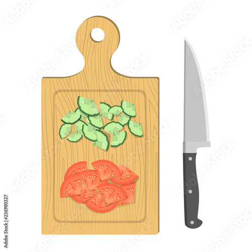 Cutting food on the wooden board with sharp knife