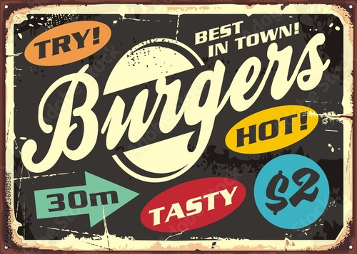 Hamburger retro labels set on old metal sign post. Burgers menu vintage poster design. Vector illustration for fast food restaurant.