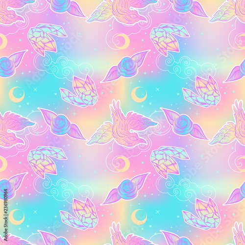 Cute kawaii seamless pattern with crow, rose, crystal. Childish print at 90s style.