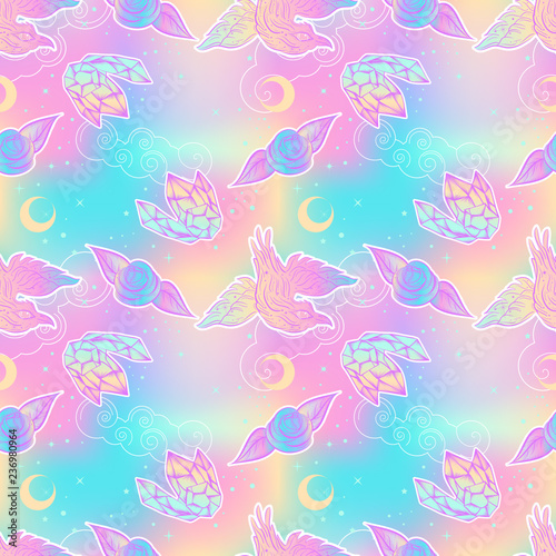 Cute kawaii seamless pattern with crow  rose  crystal. Childish print at 90s style.