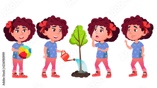 Girl Kindergarten Kid Poses Set Vector. Baby Expression. Life. For Postcard, Announcement, Cover Design. Isolated Cartoon Illustration