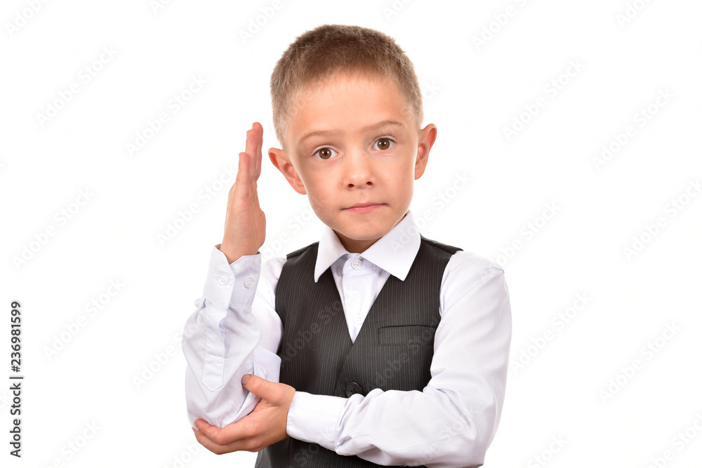 Boy in a suit on a white background. Happy childhood. Young businessman. Boy in a suit on a white background. Happy childhood. Young businessman.