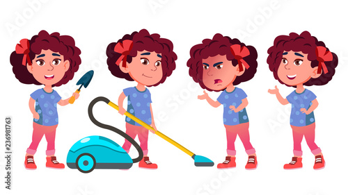 Girl Kindergarten Kid Poses Set Vector. Playful Positive Small Baby Helping At Home. For Presentation, Print, Invitation Design. Isolated Cartoon Illustration