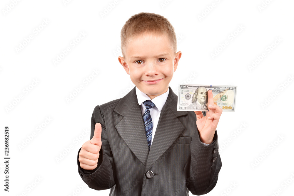The boy holds dollars. Young businessman on a white background. The boy holds dollars. Young businessman on a white background.