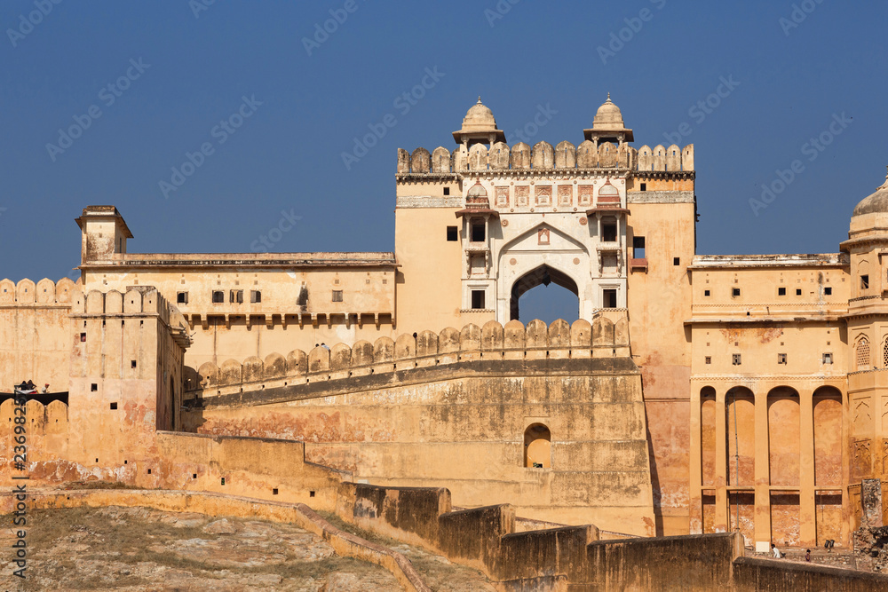 Gate and details of Amber Fort on the outskirts of Jaipur, Rajasthan, India