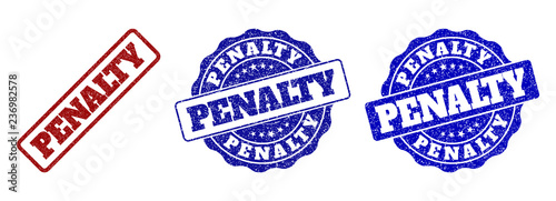PENALTY scratched stamp seals in red and blue colors. Vector PENALTY labels with draft surface. Graphic elements are rounded rectangles, rosettes, circles and text labels.