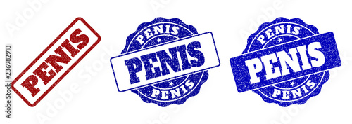 PENIS grunge stamp seals in red and blue colors. Vector PENIS labels with grunge texture. Graphic elements are rounded rectangles, rosettes, circles and text captions.