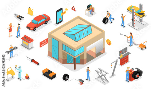 Car service set. People repair car using professional tool