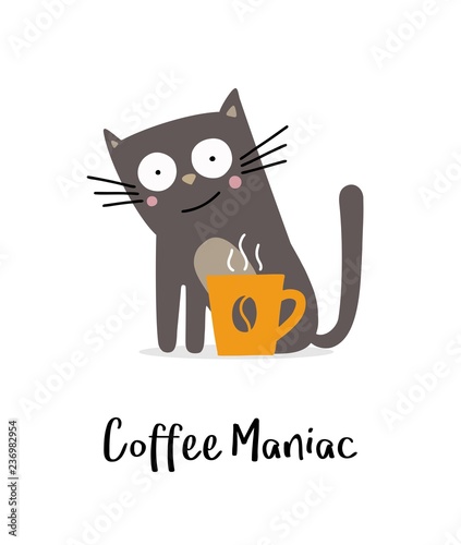 Coffee Maniac crazy cat with cup of coffee. Flat vector illustration animal card