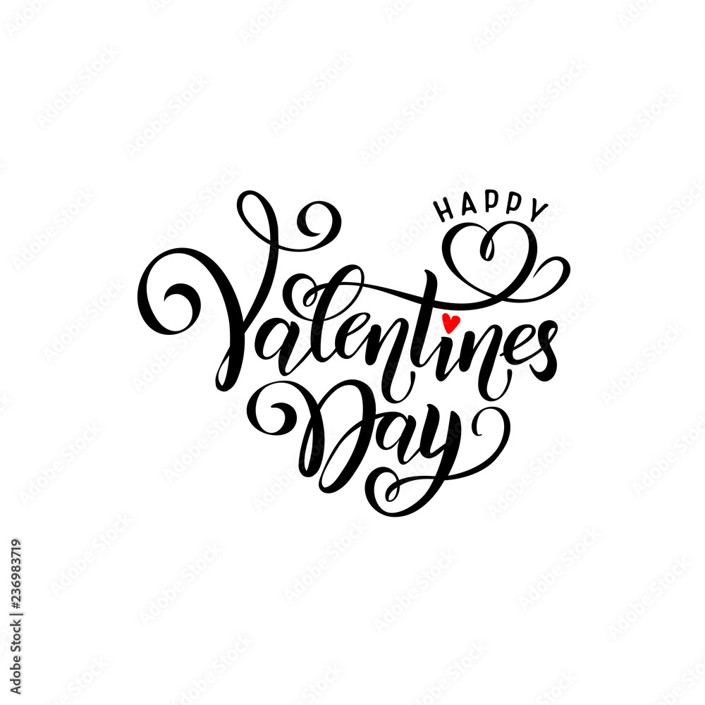 Vector black handwritten lettering Happy Valentines Day. Calligraphy isolated hand drawn text Valentine's Day, red heart