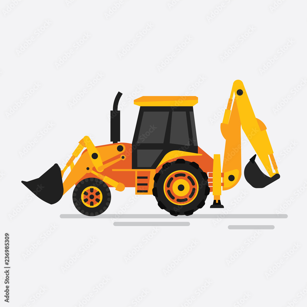 Special transport for heavy work. Tractor with a bucket and an excavator. Vector illustration in flat style in bright colors. Special transport for heavy work. Tractor with a bucket and an excavator. Vector illustration in flat style in bright colors.