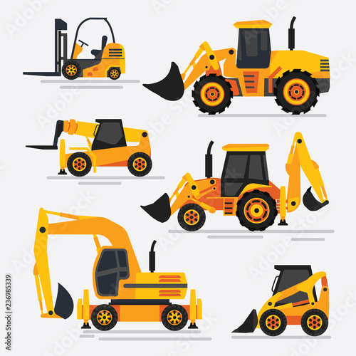ПечатIllustration with a set of special equipment for repair work. Bulldozers, tractors and excavator. Vector bright illustration in simple style.ь