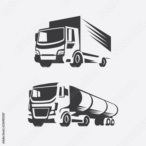 Trucks logo. Vector illustration of trucks in the same color style. Illustration for logos of cargo and shipping.