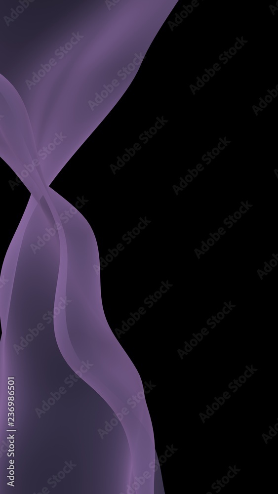 Abstract purple wave. Bright purple ribbon on black background. Purple scarf. Abstract smoke. Raster air background. Vertical image orientation. 3D illustration Abstract purple wave. Bright purple ribbon on black background. Purple scarf. Abstract smoke. Raster air background. Vertical image orientation. 3D illustration